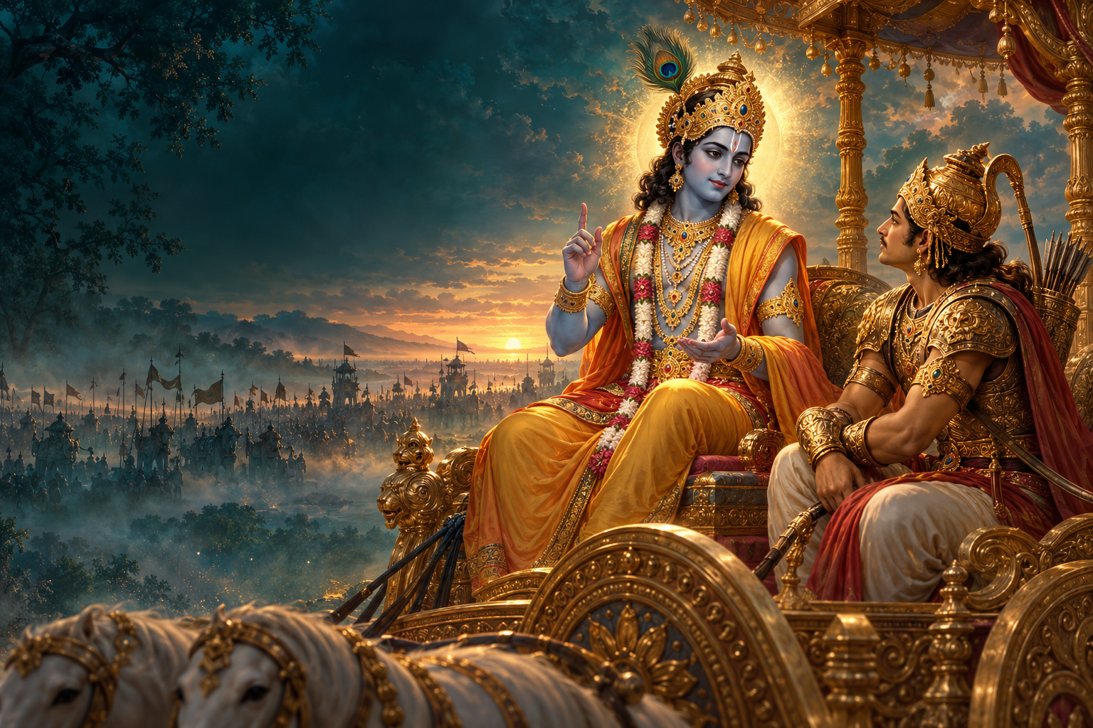 Krishna guiding Arjuna on their chariot
